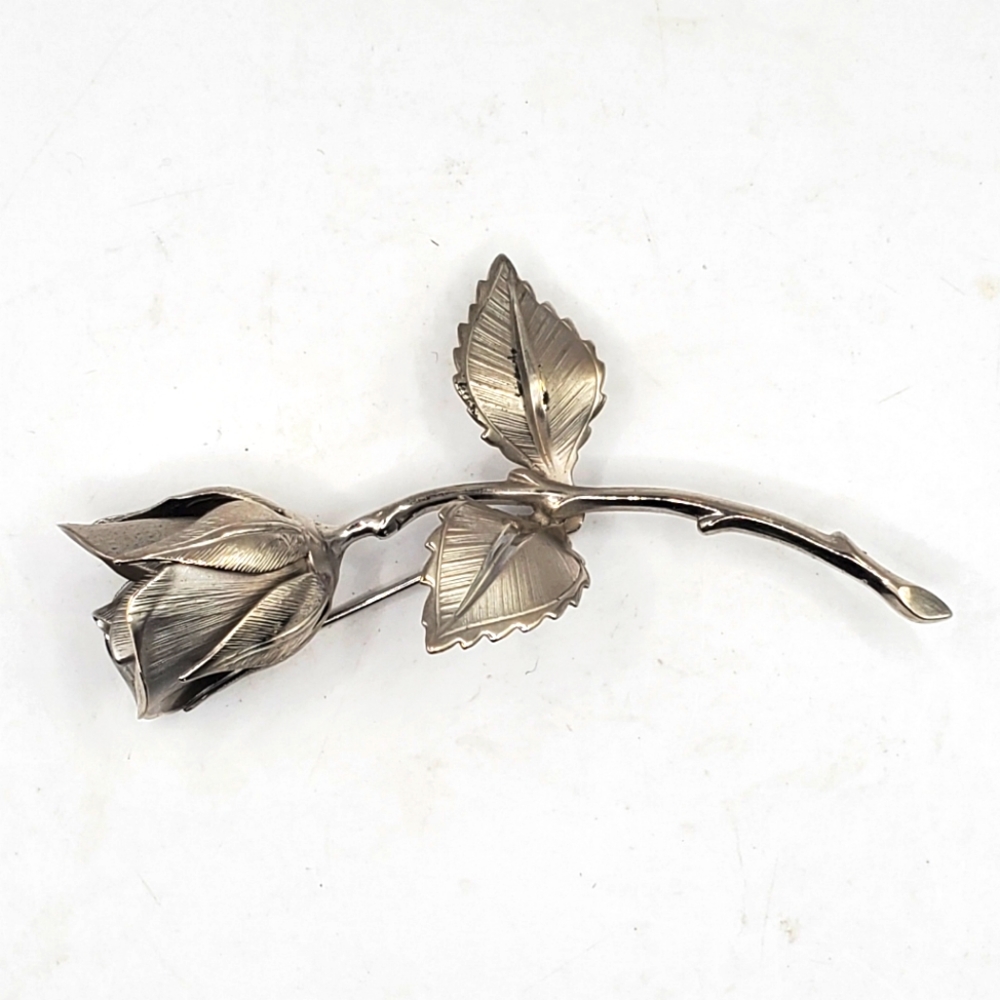 Vintage Giovanni Rose Bud Brooch  Pin Silver Tone Signed Costume Jewelry